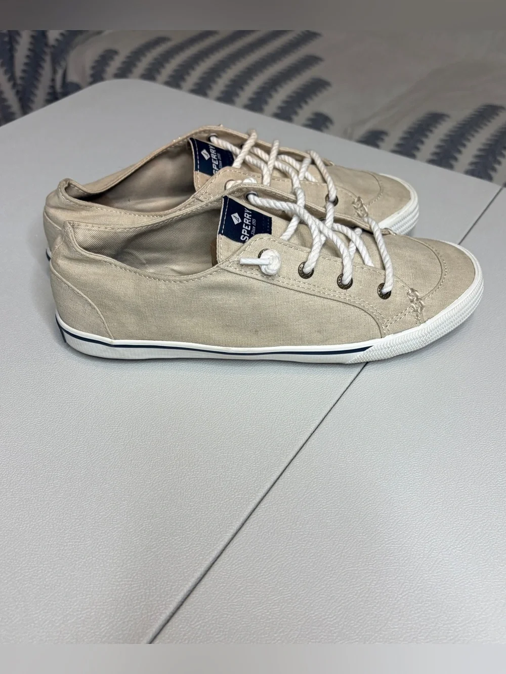 Sperry Beige Canvas Boat Shoes with White Soles 8